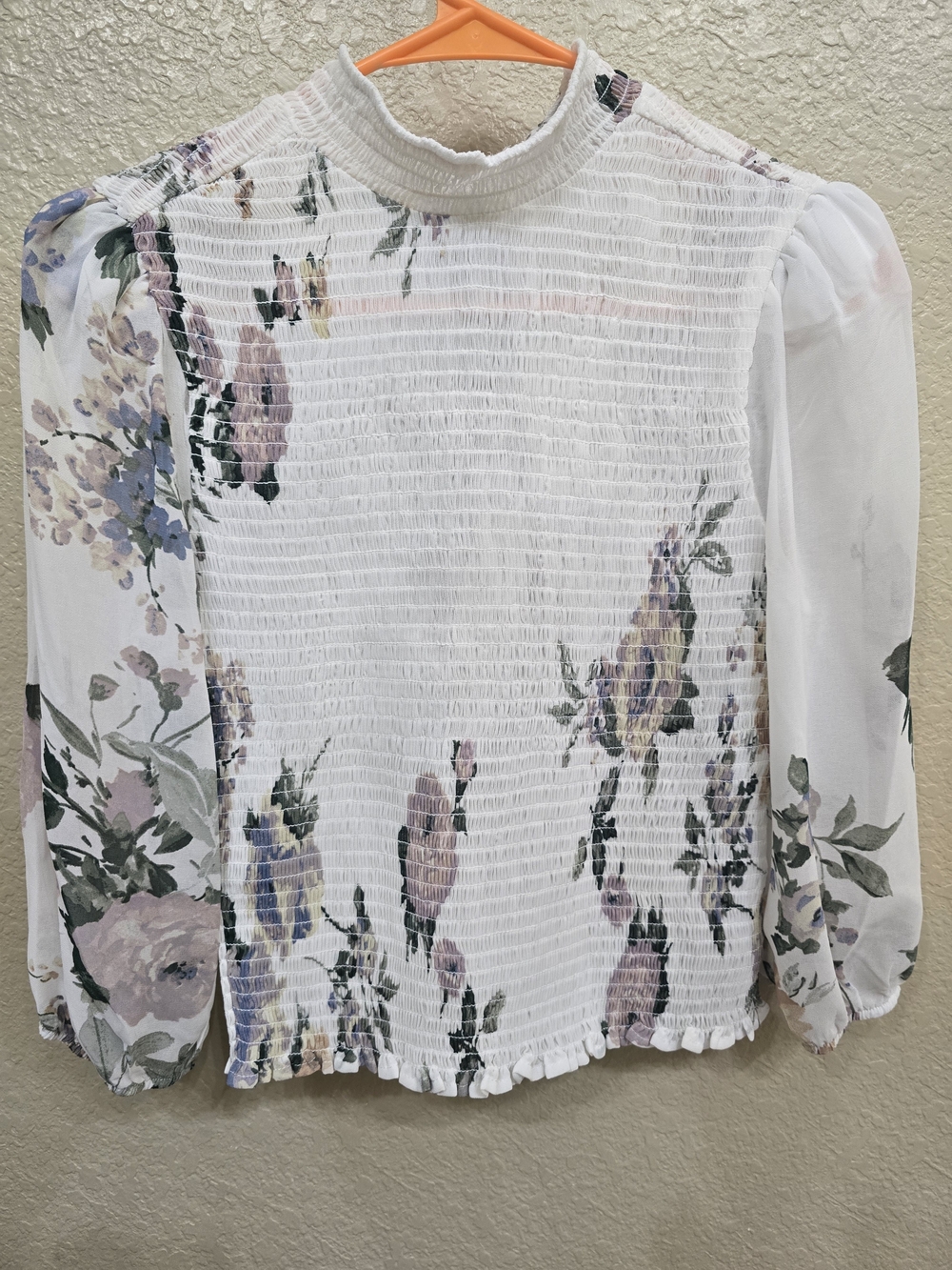 Socialite White Floral Smocked Blouse with Sheer Puff Sleeves